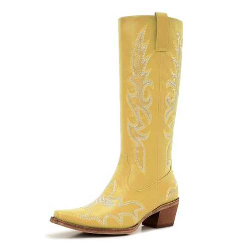 Image of Uillnoodu Women's Turquoise Cowgirl Boots - Wide Calf Mid Calf Western Boots Plus Size Embroidered Cowboy Style with Block Heel