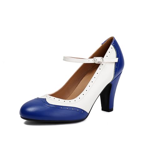 graceretro Women's Mary Jane Wingtip Rockability Oxford Two Tones Close Round Toe Vintage 1950s Heels Ankle Straps Retro 1920s Victorian Pumps Shoes (Blue US8)