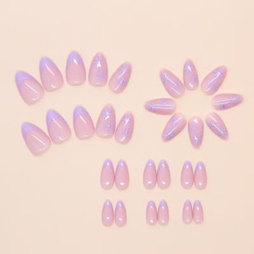Image of Purple French Tip Press on Nails Flower Fake Nails Short Almond False Nails with Design Nude Glue on Nails Glossy Artificial Acrylic Full Cover Lilac Floral Stick on Nails for Women Manicure 24Pcs