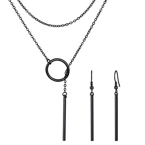 FOCALOOK Black Y Lariat Bar Necklace Earrings Set for Women Black Plated Statement Geometric Drop Vertical Bar Fashion Jewelry