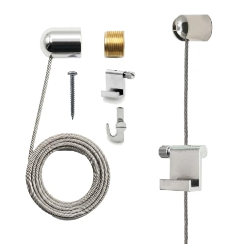 Image of PHS Steel Cable Art Hanging System, Holds 25 lb, No Track, Ceiling Mount | Adjustable picture hangers, ceiling hanger, gallery wall hanging system for photos, frames & artworks
