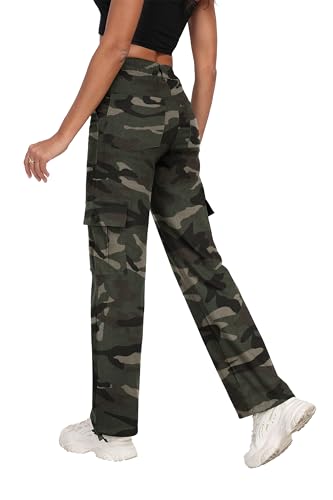 FREEOAK Women's Cargo Pants with Elastic Drawstring Y2K Baggy Pants for Fall 2025 Casual Wideleg Trousers Ankle Cuff Camo - Green