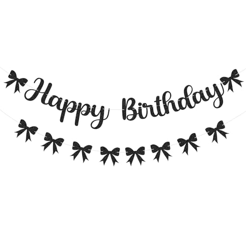 Image of Black Bow Birthday Decorations Happy Birthday Banner Black Bow Bunting Garland Glitter Photo Props Satin Ribbon Hanging Swirls Party Decor for Boys Girls Bachelorette Themed Party Supplies