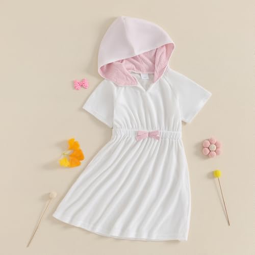 Image of Socutebabe Toddler Girl Swimsuit Cover Up Kids Beach Dress Bow Print Long Sleeve Hooded Bathing Suit Towel Coverup Swimwear
