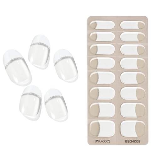 Semi Cured Gel Manicure Stickers, Gel Stickers for Nails, Magnetic Nail Wraps, French Tip Nail Strips, French Gel Nail Stickers, Glitter Gel Nail Stickers Works with UV Light for Nails