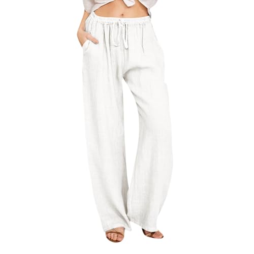 fanmpghleoo Womens Linen Pants Summer Wide Leg Pants Casual Loose Drawstring High Waisted Palazzo Pants Trousers with Pockets