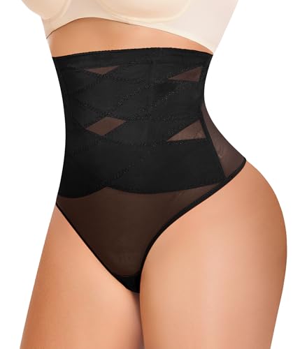 KUMAYES Tummy Control Shapewear Thong for Women - High Waisted Thong Compression Underwear Body Shaper Girdle Panty 2 Pack2