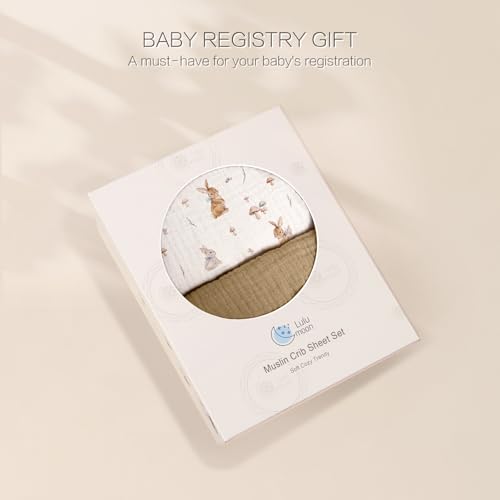 Image of lulumoon Baby Muslin Crib Sheets: Soft & Breathable Fitted Crib Sheets for Boys and Girls - Khaki Bunny Sheets for Standard Crib 2Pack