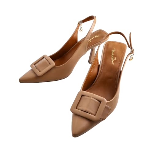 Michel Domit Zapatillas de Tacón para Dama, Café, Sintético, Estilo Casual Elegante con Hebilla Decorativa, Slingback Punta | 627516 (CAFE, Sistema...
