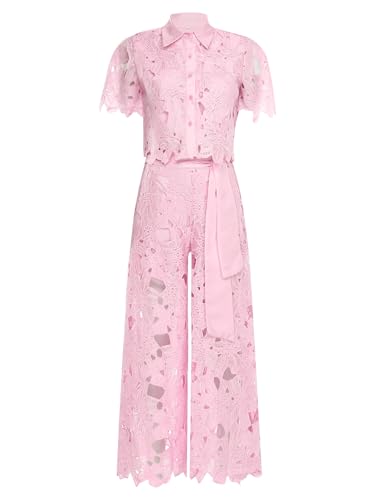 YiZYiF Women's Sweatsuits & Tracksuits Lace 2 Piece Pants Outfit Casual Shirt Blouse Top Long Wide Leg Palazzo Pants Set3