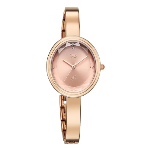 Image of Fastrack Vyb Aura with Quartz Analog Light Pink Dial Rose Gold + Pink Leather Alloy Strap Watch for Women - FV60142WM01W