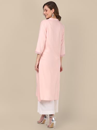 Image of rangita Women's Rayon Relaxed Fit A Line Calf Length Embroide A-Line Kurti | Kurta