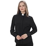Priest Clergy Shirt for Women Pastor Tab Collar Lady Button Front Clerical Long Sleeve Shirt Black