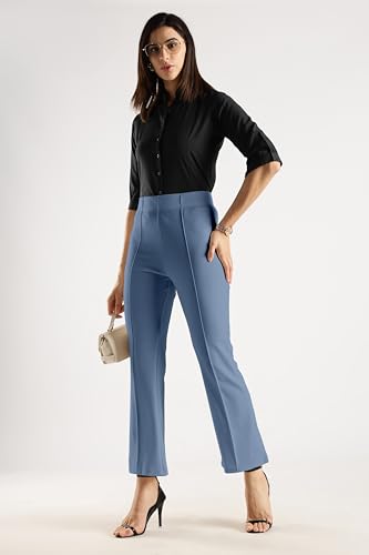 Image of SWADESI STUFF Women's Bell Bottom Trousers - High Waisted Wide Leg Palazzo Pants | Stretchy Cotton Blend Retro Pants for Casual, Office, Party
