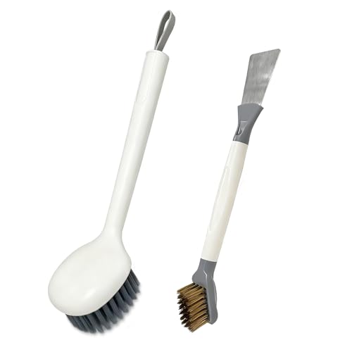 Xaspac 2-Piece Set Handheld Dish Brush With Brass Scrubber And Steel Scraper For Stubborn Grease - Dual-Head Cleaner For Pots, Pans, Stovetop, Sink