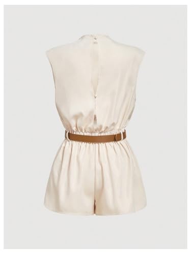Image of SOLY HUX Women's Summer Ruched Mock Neck Romper Elegant Cap Sleeve Belted Work Short Jumpsuits