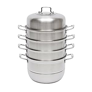 Stoompan, 5 etages, roestvrij staal, 32 cm, stapelbaar, stoomkoker, stoompan, soeppan met glazen deksel