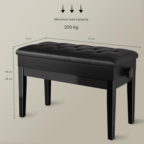 Taboret Fortepianowy z Regulacją Wysokości 72 x 33 x 48-58 cm, ławka Pianinowa z Miejscem do Przechowywania, Fortepianowy z Poduszką ze Skóry PU, do Keyboardu, Krzesło Fortepianowe Heavy