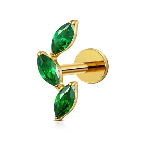 FINE4U 16G CZ Cluster Climber Gold Plated Cartilage Earring for Helix, Tragus - ASTM F136 Titanium Triple Marquise Labret Stud, Screw on Nickel Free Flat Back Jewelry(Green CZ)