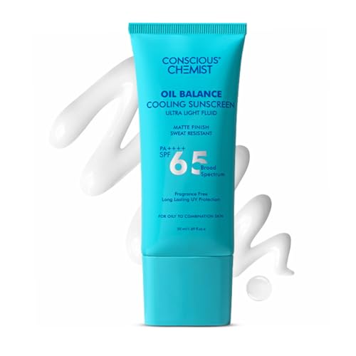 Image of Conscious Chemist Oil Balance Cooling Sunscreen SPF 65 PA++++ | In Vivo Tested | Gel Based Matte Finish with Niacinamide & Hyaluronic Acid, Sweat Resistant, Lightweight, UVA /UVB Protection | Men & Women, All Skin Type - 50ml