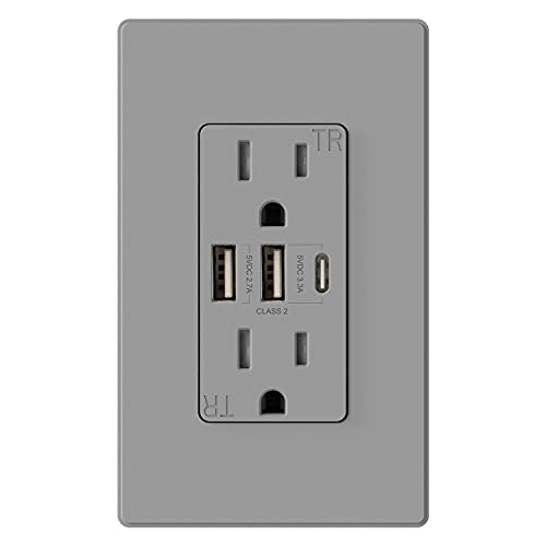 ELEGRP 30W 6.0 Amp 3 Port USB Wall Outlet, 15 Amp Receptacle with USB C USB A Ports, USB Charger for iPhone/iPad/Samsung/LG/HTC/Android Devices, UL Listed, w/Wall Plate, 1 Pack, Matte Gray