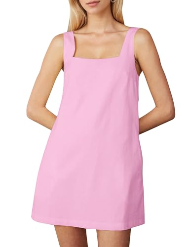 Image of Burtell Summer Sleeveless Cotton Linen Mini Dress for Women Casual Square Neck Backless Short Dress Solid Tank Shift Dresses Light Pink