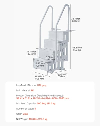 Image of VEVOR Swimming Pool Ladder, 4-Step Double Handrails Stairs with Non-Slip Heavy Duty Steps, Reliable 400 lbs Max Load Capacity, for 48-54 in Inground & Above-Ground Pools of Any Decking Surface, Grey