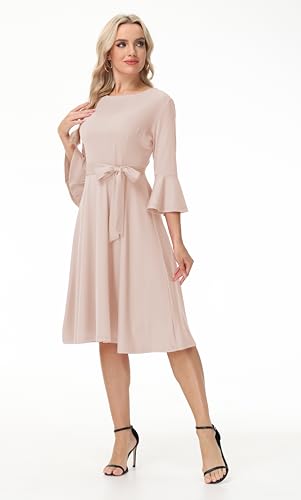 Image of Hostoyo Church Dress for Women Wedding Guest Cocktail Party Dresses Evening Prom Formal Modest Gowns Crew Neck Bell Sleeve