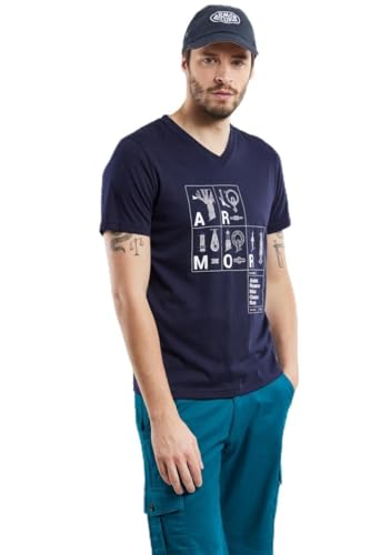 Armor Lux Men's V-Neck T-Shirt Screen-Printed, Nomenclature/Marine Deep, S
