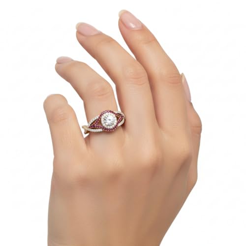 Image of Choose Your Gemstone Round Twisted Pave Double Halo Diamond CZ Ring Yellow Gold Plated Round Shape Double Halo Engagement Ring for Women, and Ladies US Size 4 to 12