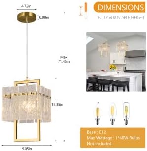 1-Light Modern Gold Crystal Chandeliers for Dining Room 9.05 inch Water Ripple Glass Chandelier for Kitchen Island Square Farmhouse Dining Room Chandelier Over Table Gold Square - 9.05 inch