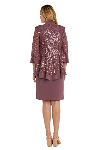 Image of R&M Richards Women's 2-Piece Knee Length Banded Hi-Lo Sequined Jacket Dress W /Detachable Necklace