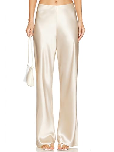 Skrtimory Women's Satin Wide Leg Dress Pants Hidden Elasticized Waistband Silk Casual Long Flowy...