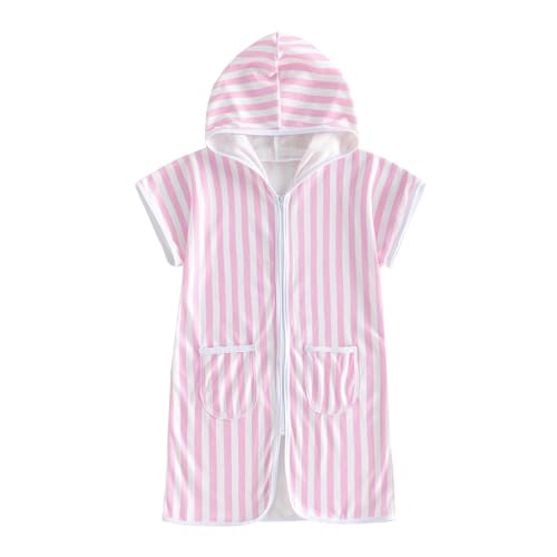 Image of Girls Boys Hooded Terry Coverups One Piece Swimsuits Summer Striped Trim Zip Up Short Sleeve Swim Cover Up Beachwear