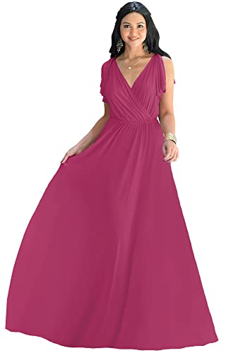 KOH KOH Plus Size Womens Long V-Neck Sleeveless Flowy Prom Evening Wedding Party Guest Bridesmaid Bridal Formal Cocktail Summer Floor-Length Gowns Maxi Dress Dresses, Fuchsia Magenta Pink XL 14-16