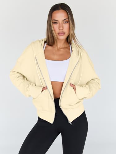 Image of Trendy Queen Womens Zip Up Hoodies Cropped Jackets Fall Outfits 2026 | lightweight comfort material, slouchy drop shoulder, casual travel winter clothes with pockets, airport workout athletic
