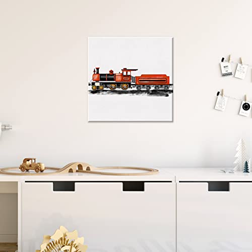 Watercolor Train Canvas Wall Art Transportation Steam Locomotive Painting Print Railroad Canvas Framed Artwork Nursery Wall Decor For Home Bedroom Kids Playroom 12X12 Inch (Red) #TOP3