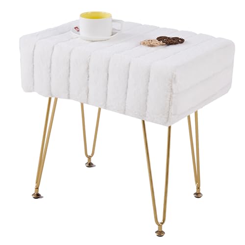 Wimarsbon Faux Mink Fur Ottoman Modern Soft Footstool Vanity Seat Fur Stool with Metal Legs Ottoman Coffee Table Makeup Chair Vanity Stools for Bedroom Beige