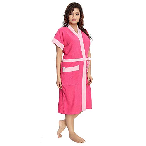 Image of Two Tone Cotton Half Sleeves Bathrobe for Women - Free Size fit Upto 42 inches-Dark Pink Baby Pink