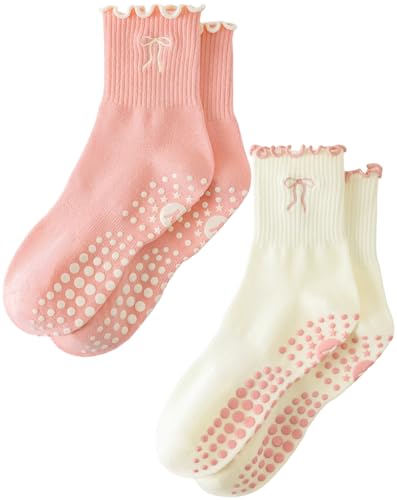 Image of Yawlsow Cute Ruffle Pilates Grip Socks, Crew Grippy Socks Women Non Slip | Frilly Yoga Socks for Women Cotton Athletic Sticky Embroidery for Barre Workout Reformer, US 5-10