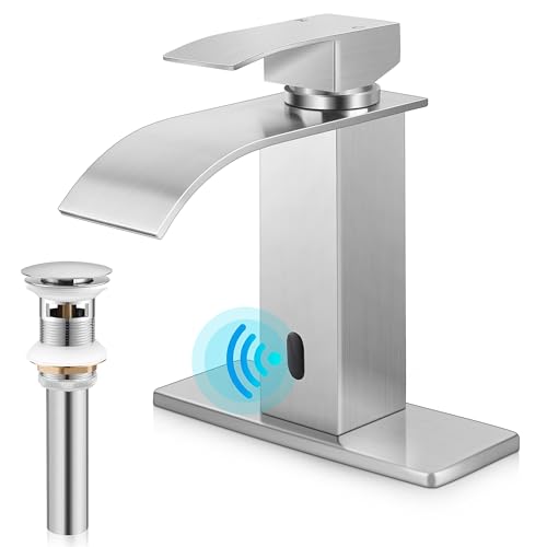 Herogo Touchless Bathroom Sink Faucet, Automatic Sensor Brushed Nickel Waterfall Stainless Steel Bathroom Faucet with Brass Pop Up Drain for Vanity RV Lavatory Farmhouse
