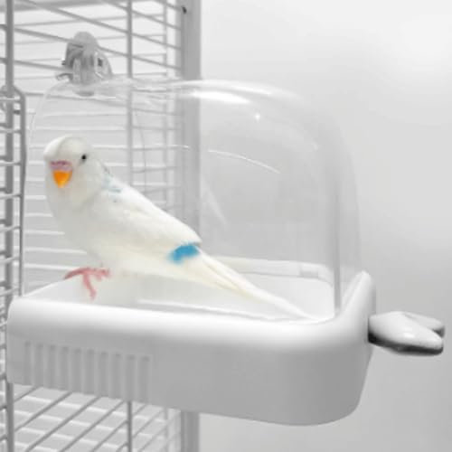 Bird Bath Box with Bottom Drain Hole, Hanging Bird Bathtub Shower Box, Bird Cage Accessory for Parakeet Canary Budgerigar Lovebirds Conure Cockatiel, Easy Cleaning (White,L)