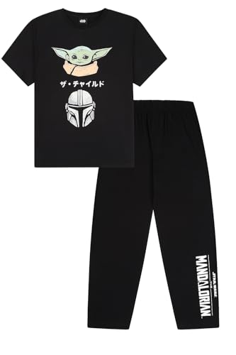 Image of Star Wars Mens The Mandalorian Grogu Long Black Pyjamas (Large)