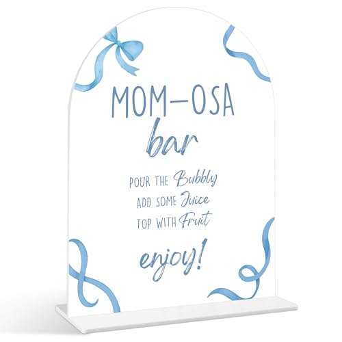 Mom-osa Bar Sign - Blue Bow Baby Shower Sign, 1 Pack Arch Acrylic Sign with Stand, Gender Reveal Party Table Decor, Blue Baby Shower Supplies (SP14)