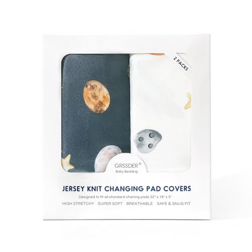 Image of GRSSDER Stretch Ultra Soft Jersey Knit Changing Pad Cover Set 2 Pack, Change Table Pad Covers Fit 32 inch /34 inch x 16 inch Pads Safe and Snug, Space Print for Boys and Girls