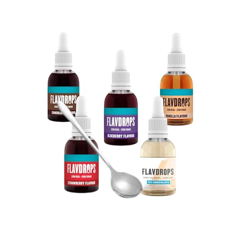Flavour Drops Flavdrops Bundle with TinTastic Spoon, Includes Chocolate, Strawberry, White Chocolate, Blueberry, and Vanilla 50ml Each - Pack of 5 - Zero Calories