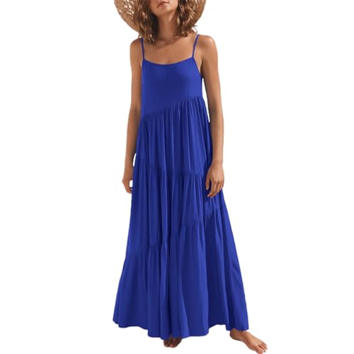 Chatinction Women Summer Casual Loose Dress Spaghetti Strap Asymmetric Tiered Sundresses Beach Cami Maxi Dresses Royal Blue S3
