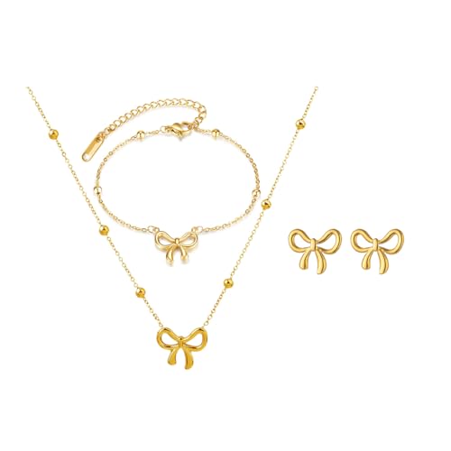 HSAJS Schmuck Set für Damen Schleifen Schmuckset Halskette Ohrringe Armband Set Hypoallergene Modeschmuck Geschenke für Frauen und Mädchen
