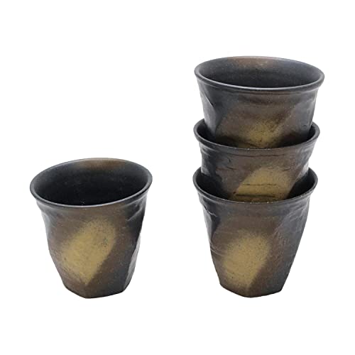 美濃焼 和風カフェシリーズ 荒けずりねじり 【湯呑】 黒彩色吹墨 4個セット