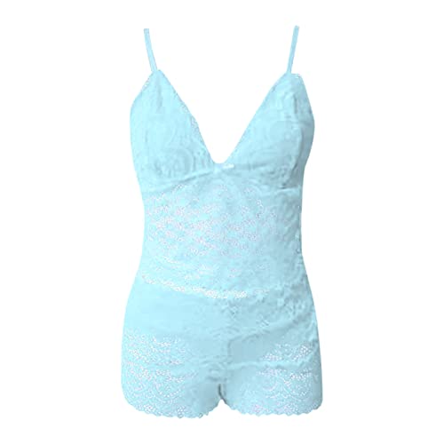 Pajamas For Women, Women's 2 Piece Outfit Spaghetti Strap Sleeveless Crop Top & Shorts Set Lace Sleepwear Outfits Sky Blue #TOP2